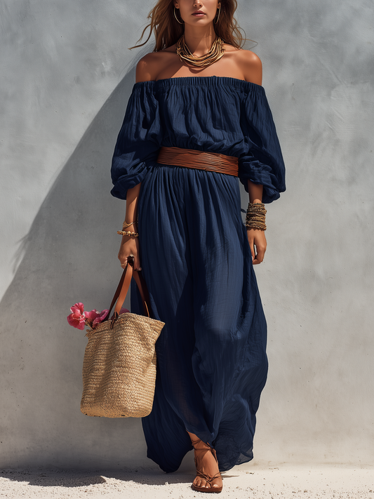 Dark Blue Cotton-Linen Strapless Long Sleeve Dress