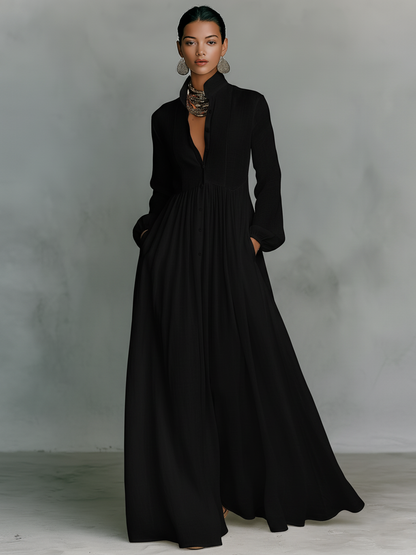 Minimalist High Neck Long Sleeve Linen Patchwork Maxi Dress