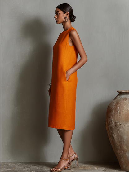 Linen Sleeveless Round Neck Shift Dress