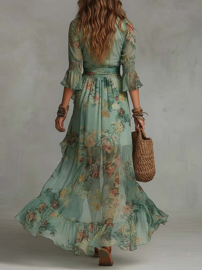 Aurora - abito lungo floreale boho con orlo asimmetrico romantico