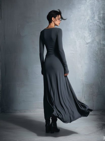 Gray Stretch Fabric Knotted Wrap Maxi Dress