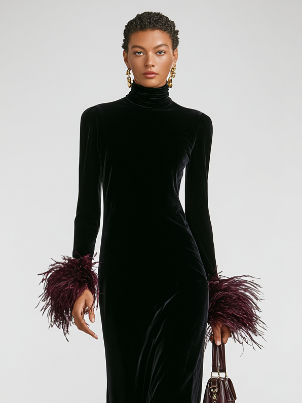 Velvet Patchwork Feather Cuff & Hem Maxi Dress