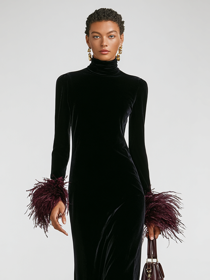 Velvet Patchwork Feather Cuff & Hem Maxi Dress