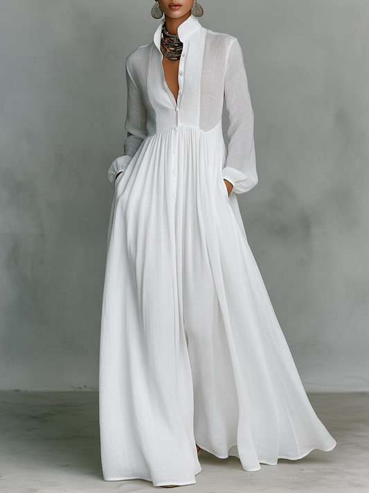 Cotton-Linen Patchwork Stand Collar Maxi Dress