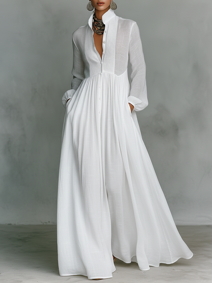 Minimalist High Neck Long Sleeve Linen Patchwork Maxi Dress