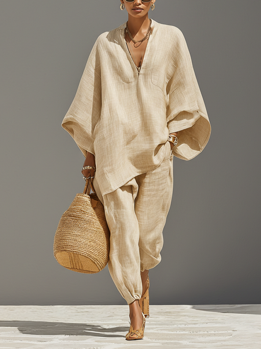 Neutral Linen Asymmetric Hem Co-ord Set