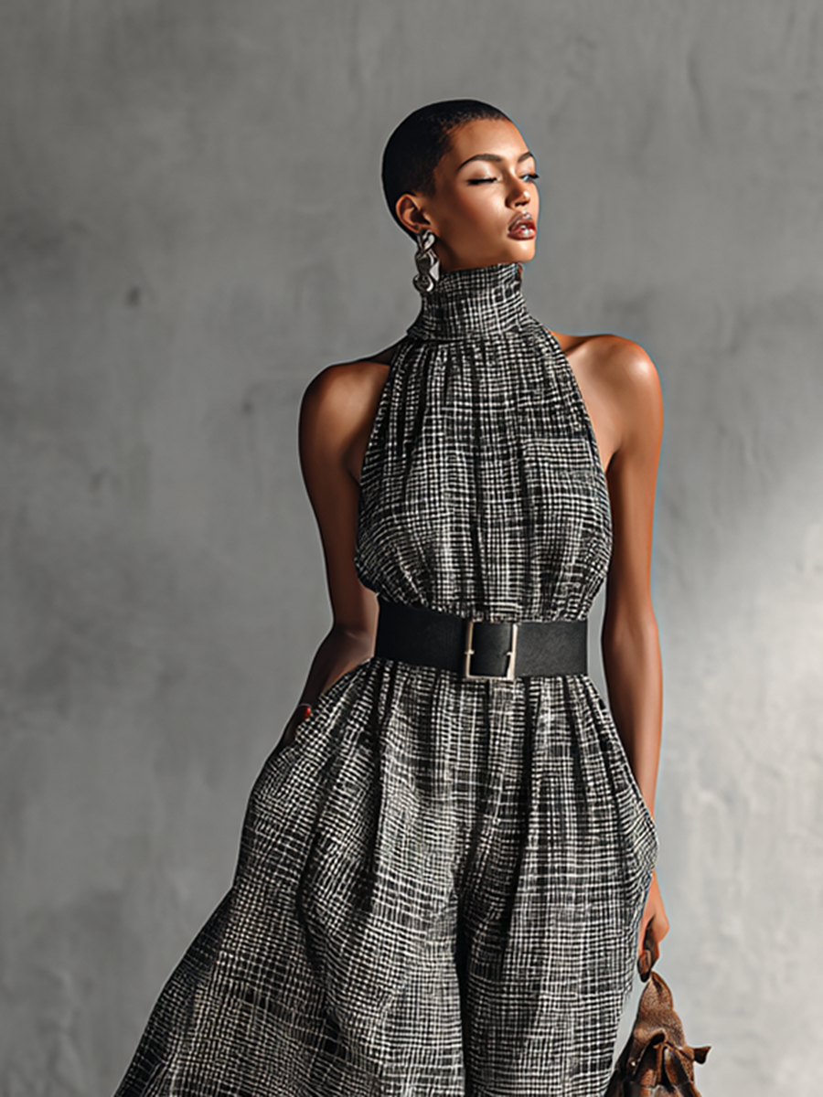 Plaid High Collar Sleeveless Belted Maxi Dress