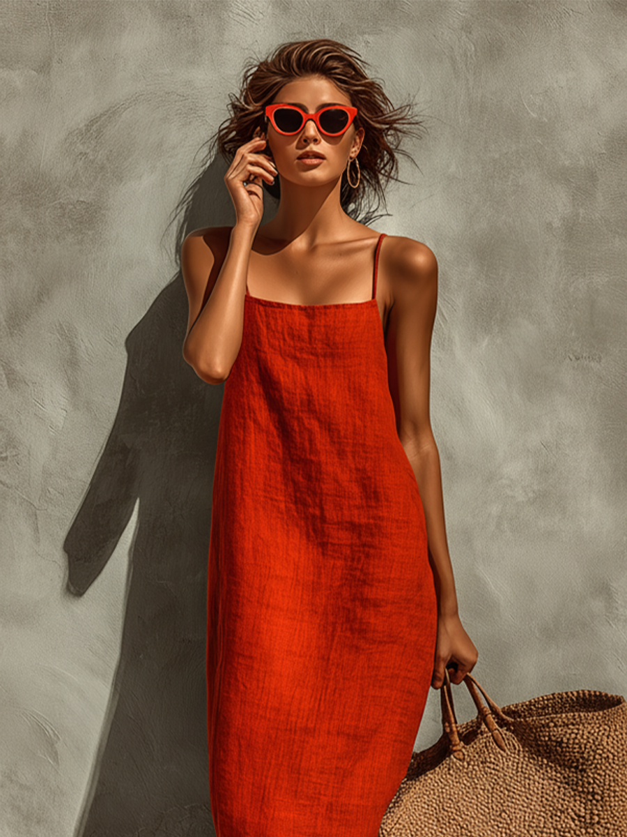 Red Cotton Spaghetti Strap Square Neck Dress