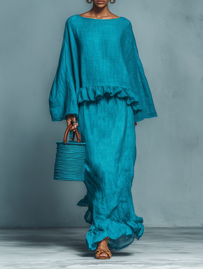Linen Blend Blouse & Straight Skirt Set