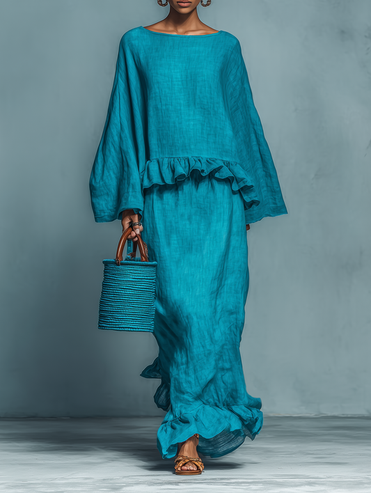 Linen Blend Blouse & Straight Skirt Set