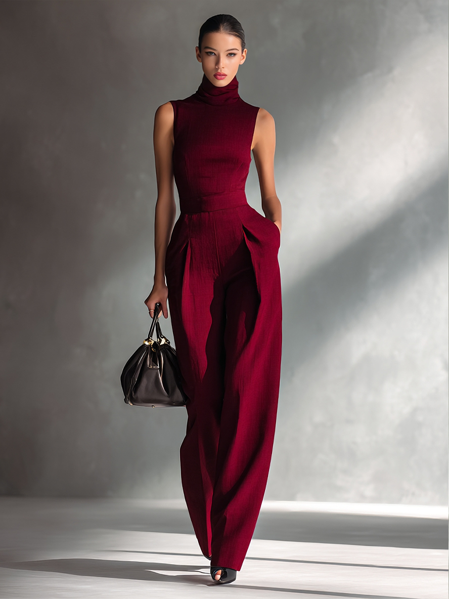 Burgundy Cotton-Linen Sleeveless Turtleneck Wide-Leg Jumpsuit