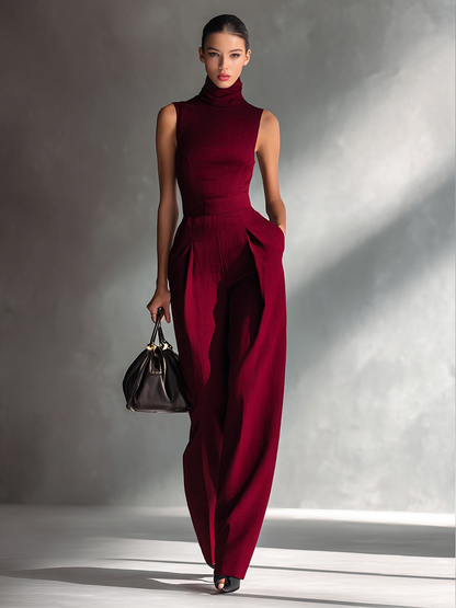 Burgundy Cotton-Linen Sleeveless Turtleneck Wide-Leg Jumpsuit