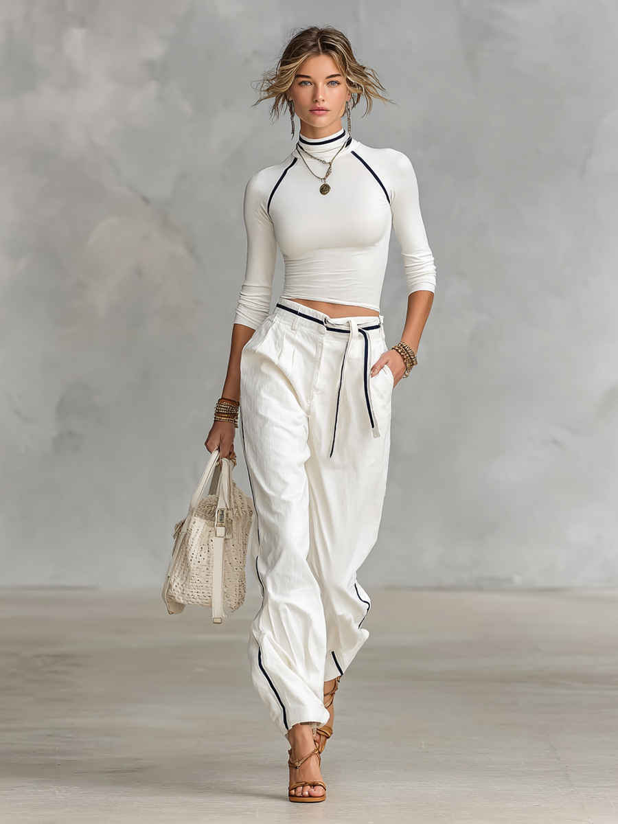 Half-High Collar Long Sleeve T-Shirt & Straight Pants Set