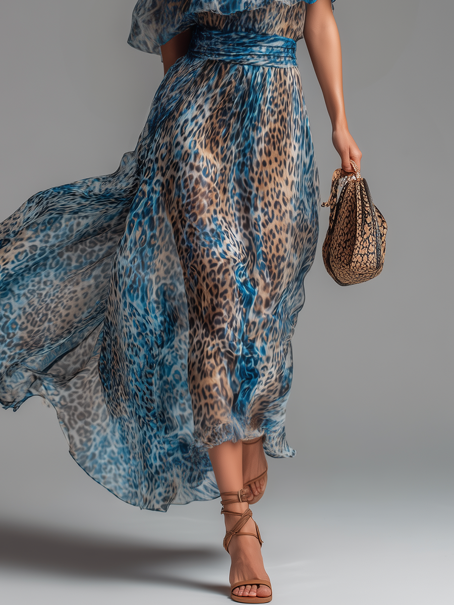 Selvaggia | Abito lungo in chiffon con stampa leopardata e spalle scoperte