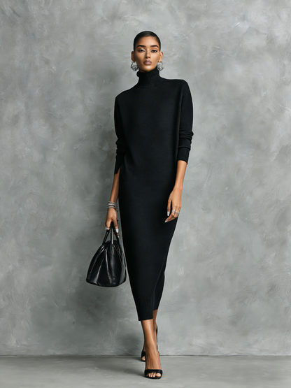 Knitted Turtleneck Loose Midi Dress