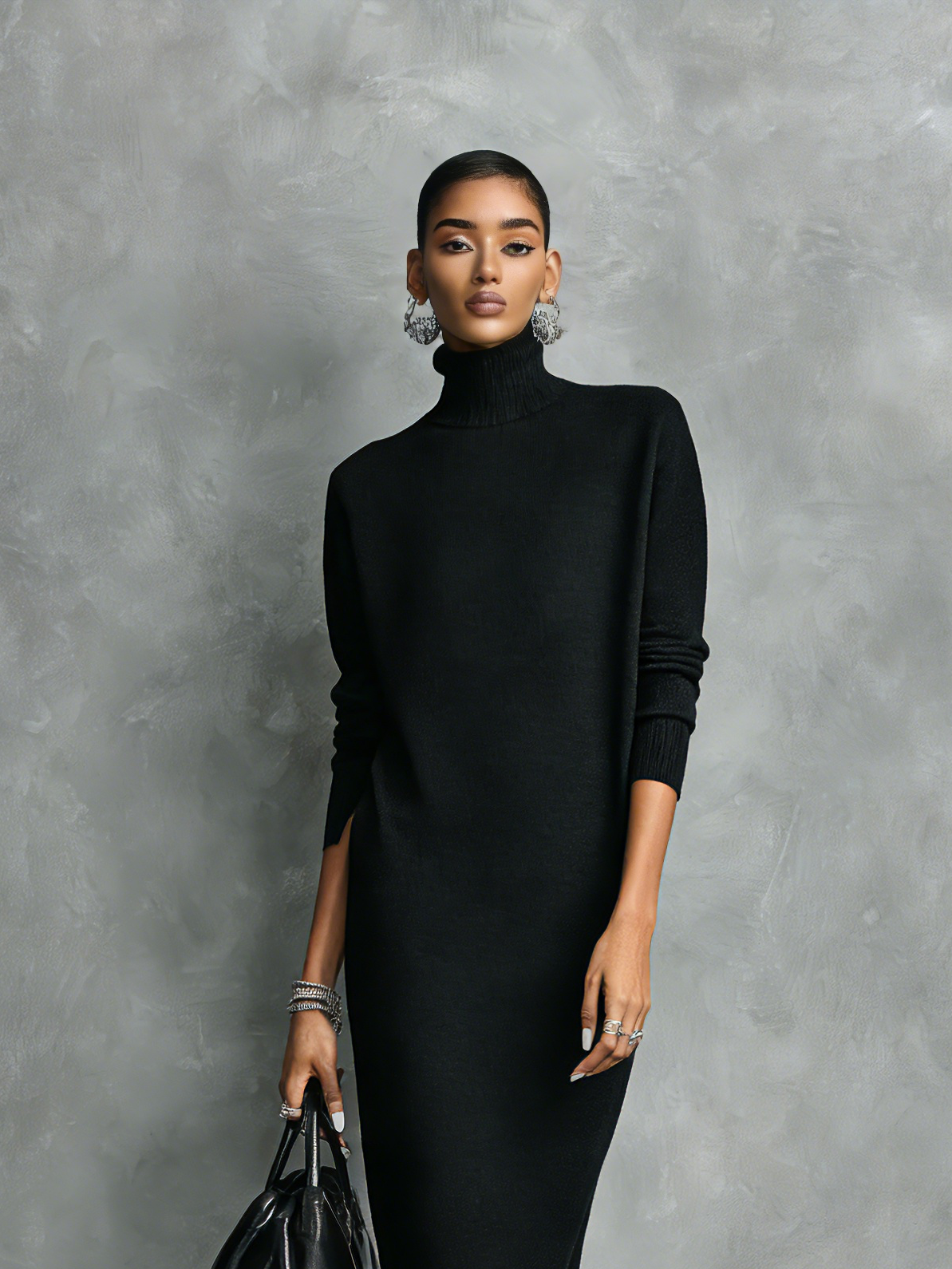Knitted Turtleneck Loose Midi Dress
