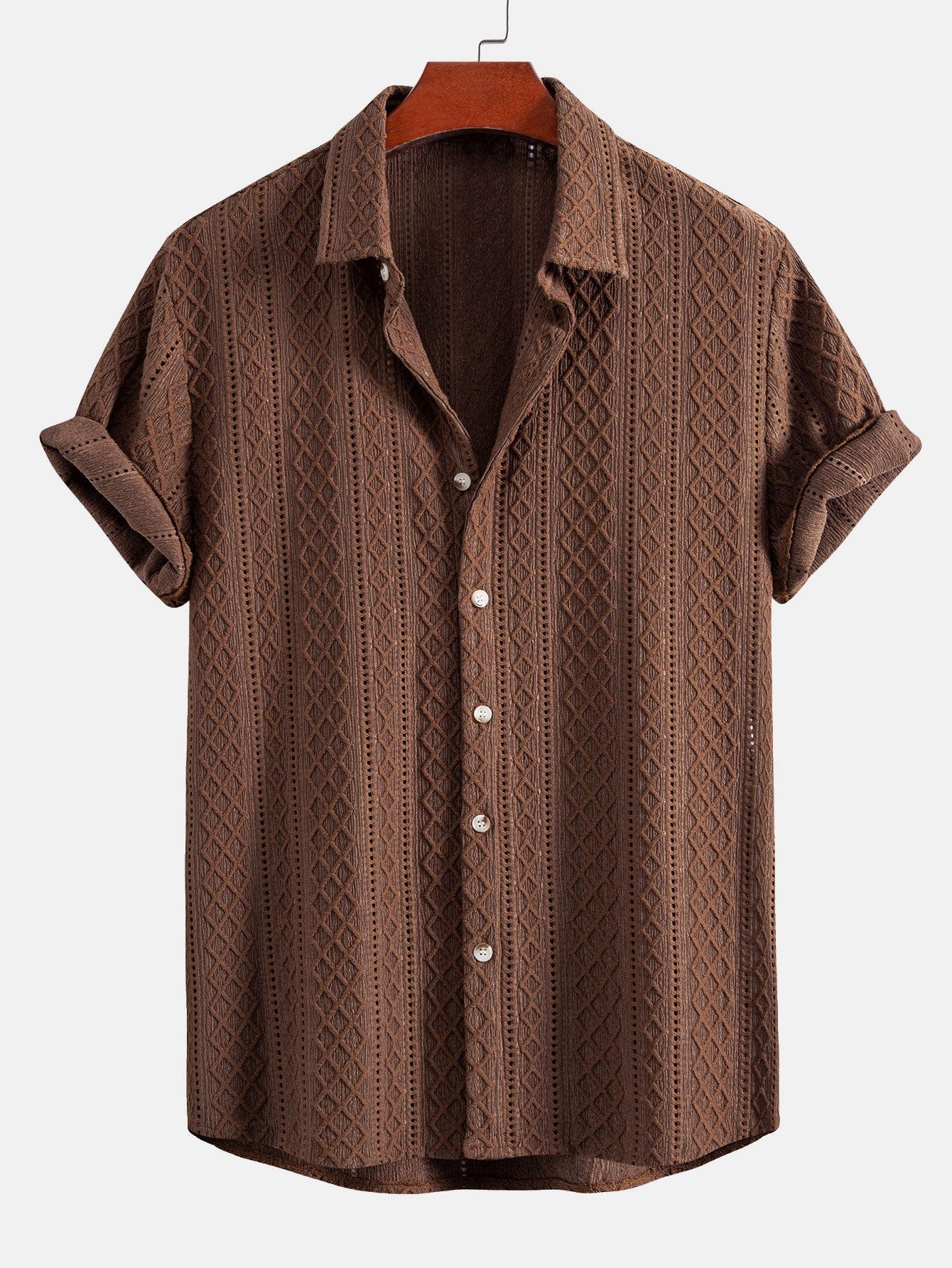 Geometry Rhombus Jacquard Button Up Shirt & Crinkle Textured Drawstring 5" Shorts