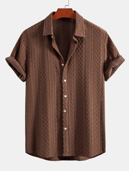 Geometry Rhombus Jacquard Button Up Shirt & Crinkle Textured Drawstring 5" Shorts
