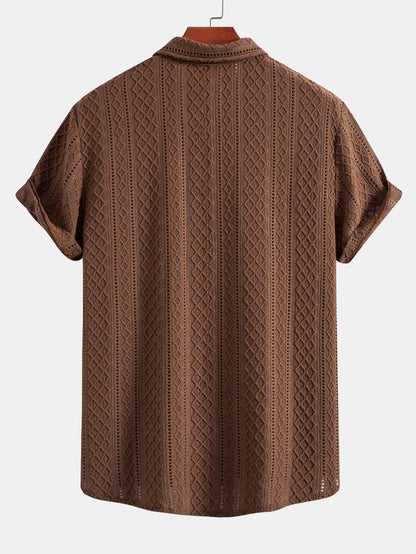 Geometry Rhombus Jacquard Button Up Shirt & Crinkle Textured Drawstring 5" Shorts
