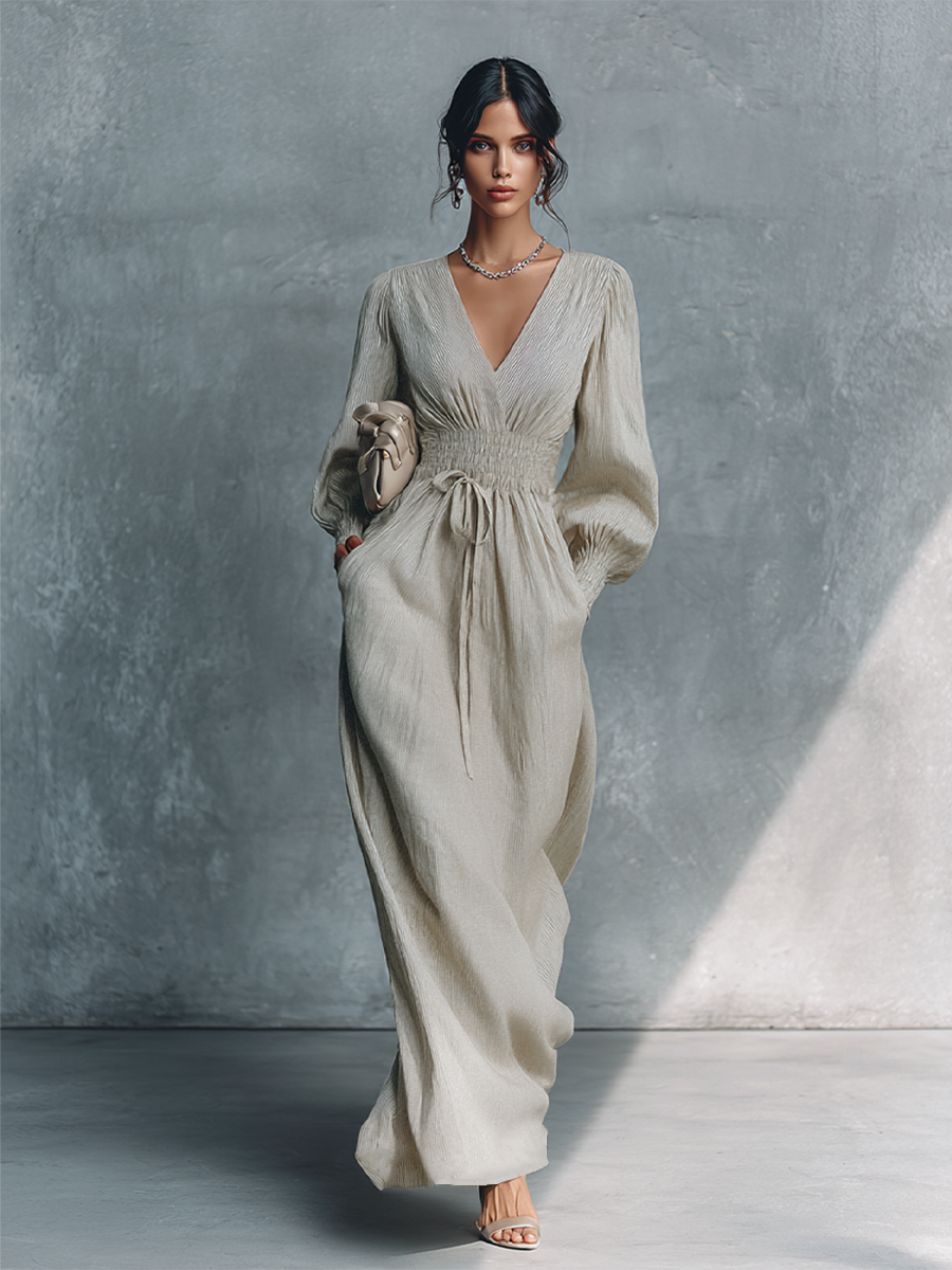 Beige Cotton-Linen Striped V-Neck Shirred Waist Maxi Dress