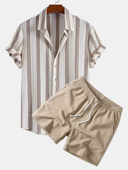 Textured Striped Button Up Shirt & Crinkle Textured Drawstring 5" Shorts