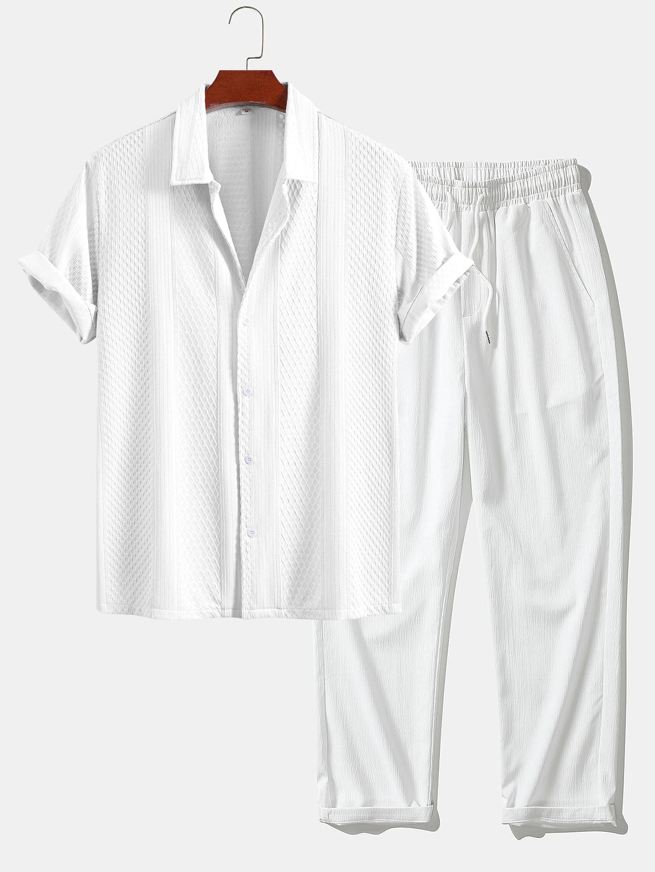 Geometric Jacquard Button Up Shirt & Crinkle Textured Straight Leg Pants