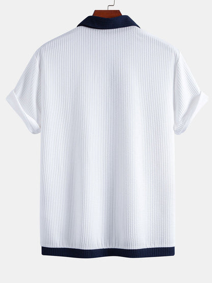 Contrast Ribbed Button Up Shirt & Drawstring Ribbed Shorts