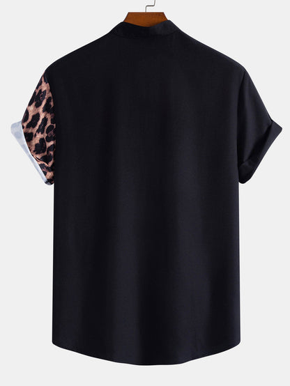 Leopard Patchwork Stand Collar Shirt