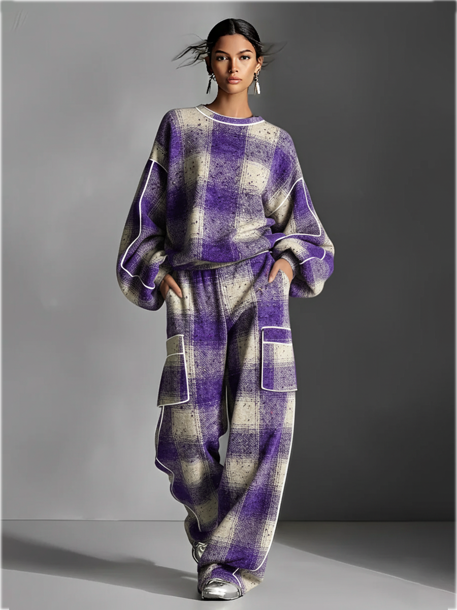Red & Grey Plaid Colour Block Piping Pantsuit Set
