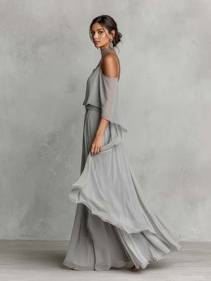 Grey Chiffon Cold-Shoulder Flared Co-ord Set