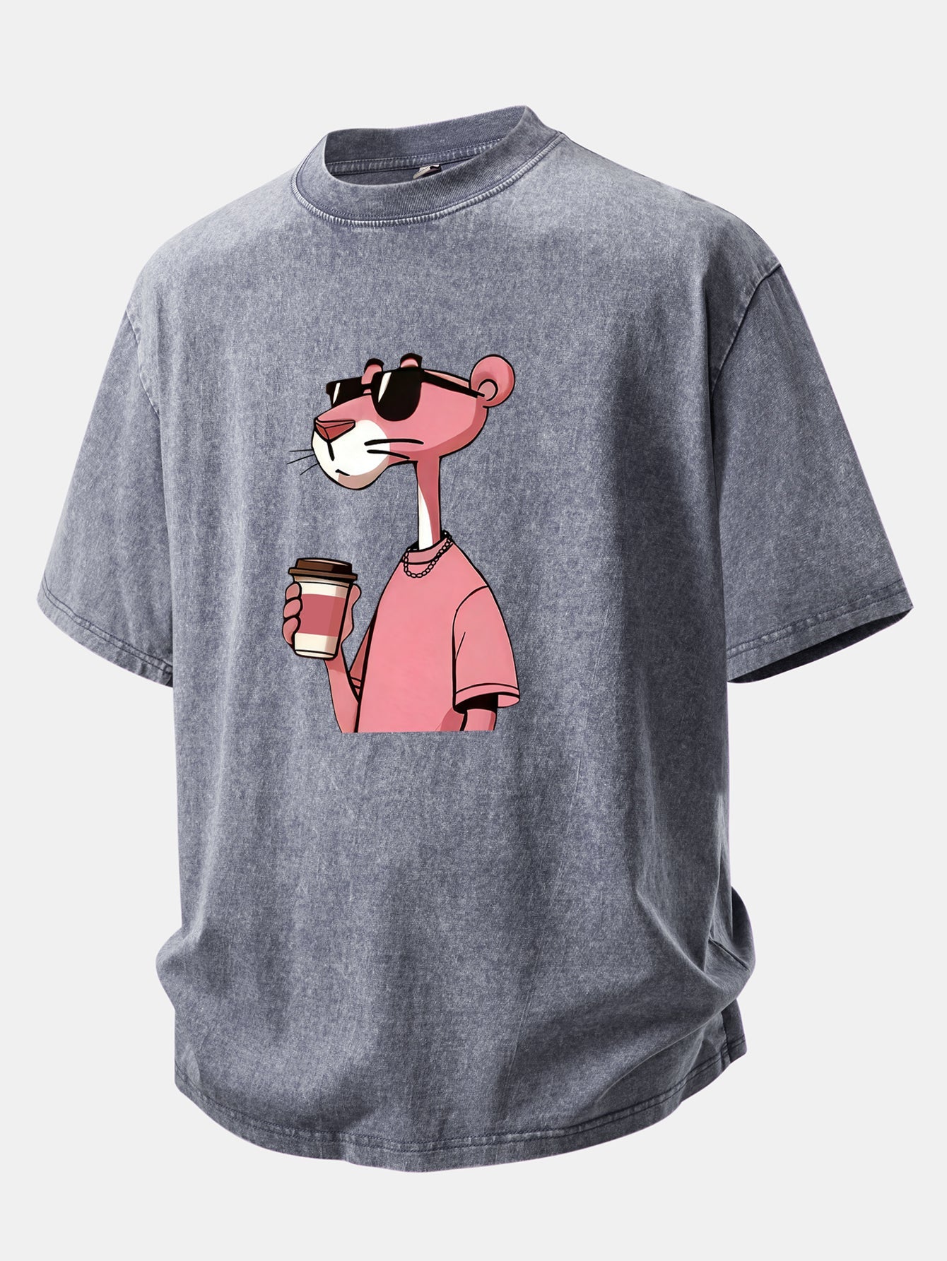 Pink Panther Drinking Coffee Print Washed Distressed Drop Shoulder T-Shirt