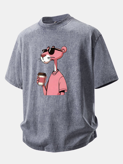 Pink Panther Drinking Coffee Print Washed Distressed Drop Shoulder T-Shirt