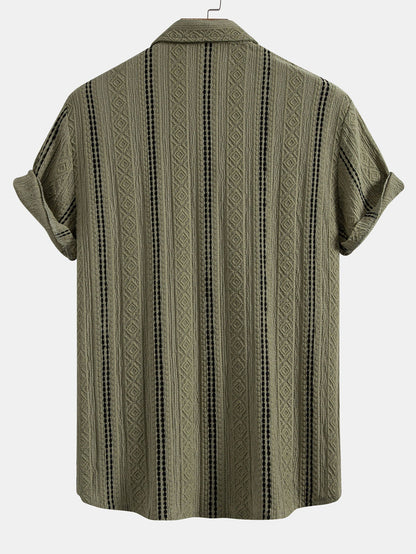 Geometric Striped Jacquard Button Up Shirt & Crinkle Textured Drawstring 5" Shorts