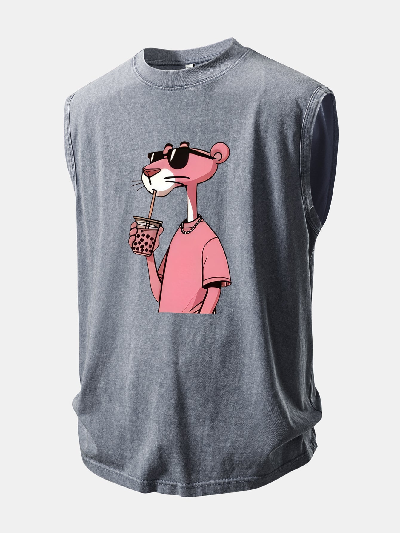 Pink Panther Print Washed Distressed Tank Top