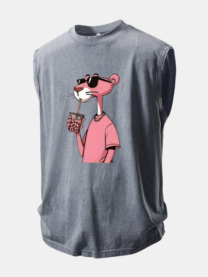Pink Panther Print Washed Distressed Tank Top