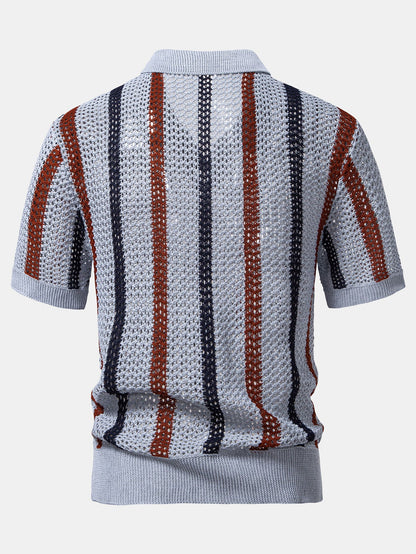 Striped Crochet V Neck Polo & Crinkle Textured Drawstring 5" Shorts
