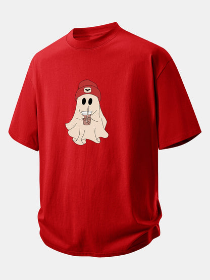 Relax Fit Red Hat Ghost Print Cotton T-Shirt