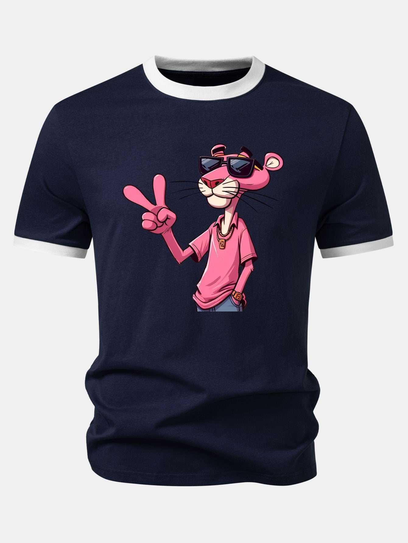 Pink Panther With V Sign Print Contrast Ringer T-Shirt