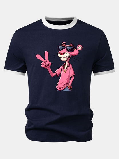 Pink Panther With V Sign Print Contrast Ringer T-Shirt