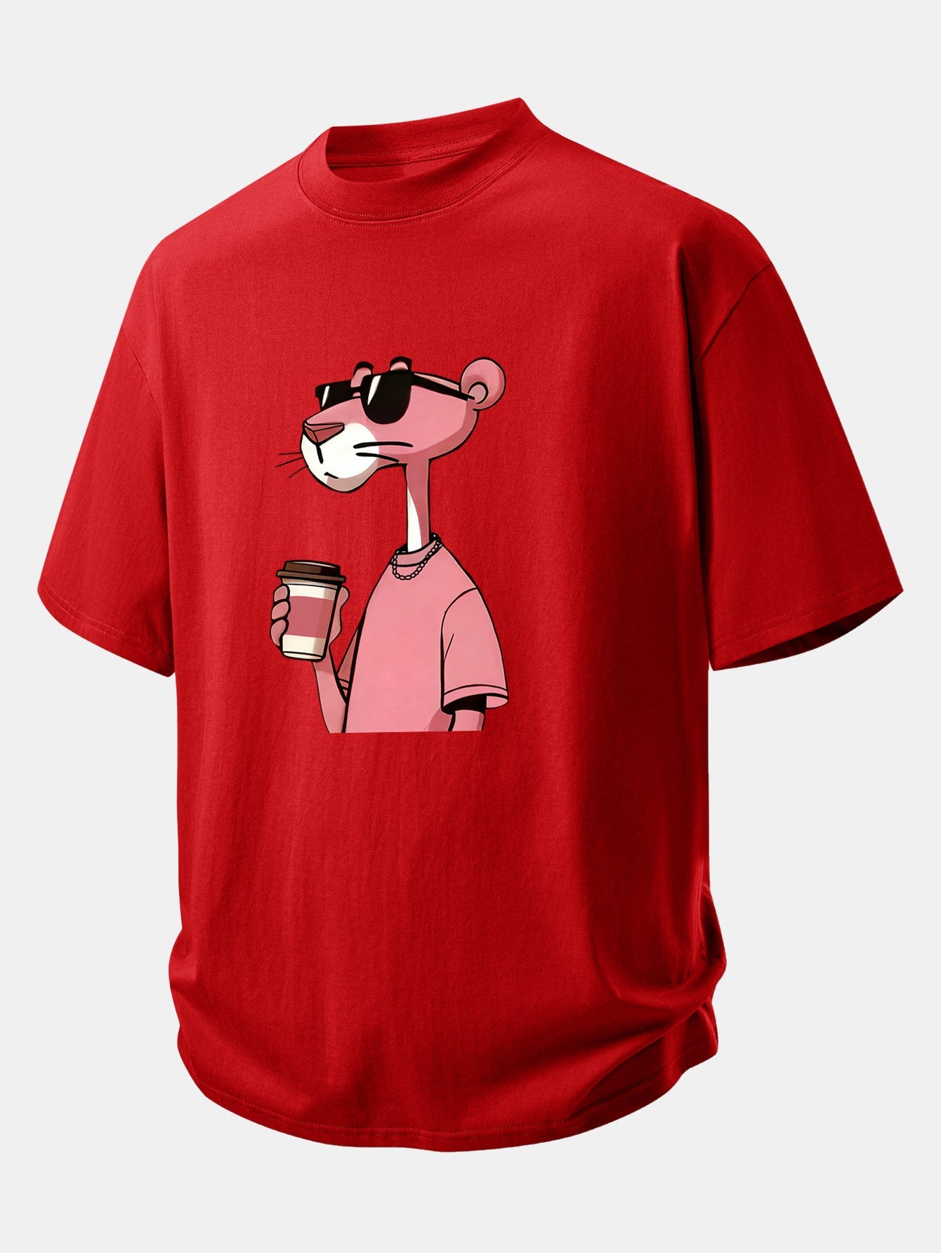 Relax Fit Pink Panther Drinking Coffee Print Cotton T-Shirt