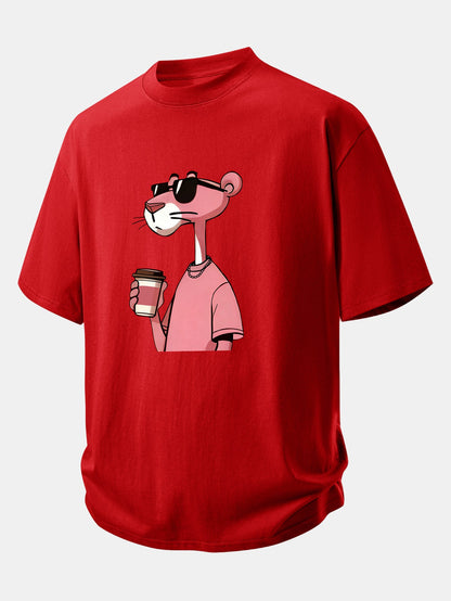 Relax Fit Pink Panther Drinking Coffee Print Cotton T-Shirt