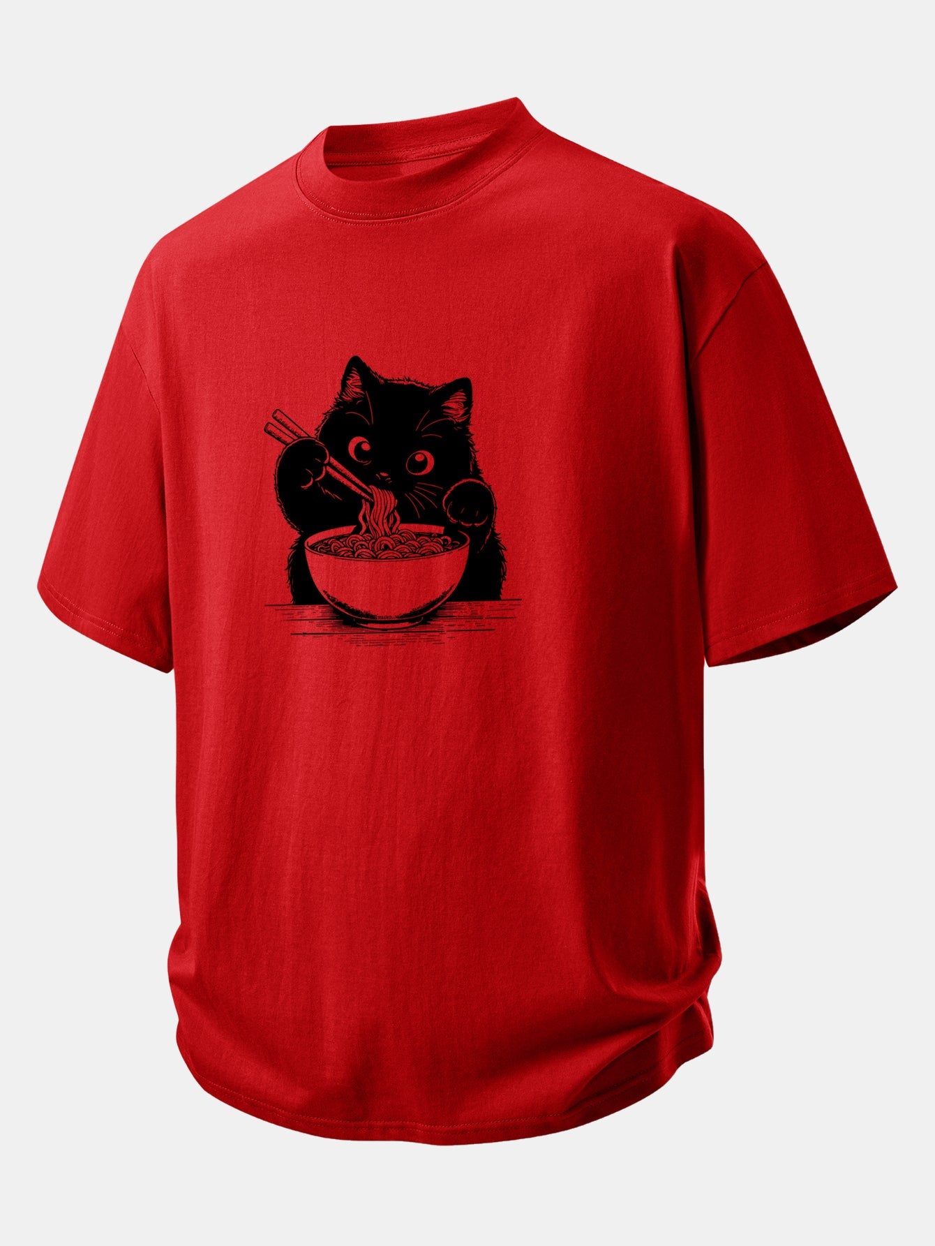 Relax Fit Black Cat Ramen Print Cotton T-Shirt