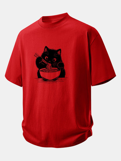 Relax Fit Black Cat Ramen Print Cotton T-Shirt