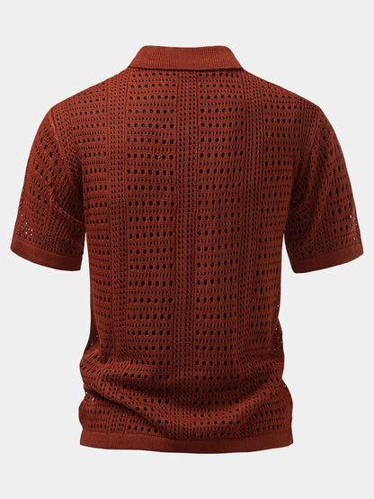 Crochet  V Neck Polo Shirt & Crinkle Textured Straight Leg Pants