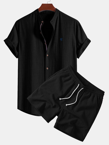 Short Sleeve Linen Look Stand Collar Shirt & Crinkle Textured Drawstring 5" Shorts