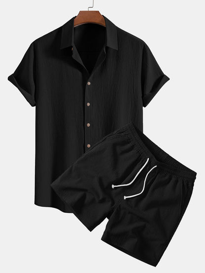 Crinkled Textured Shirt & Crinkle Textured Drawstring 5" Shorts