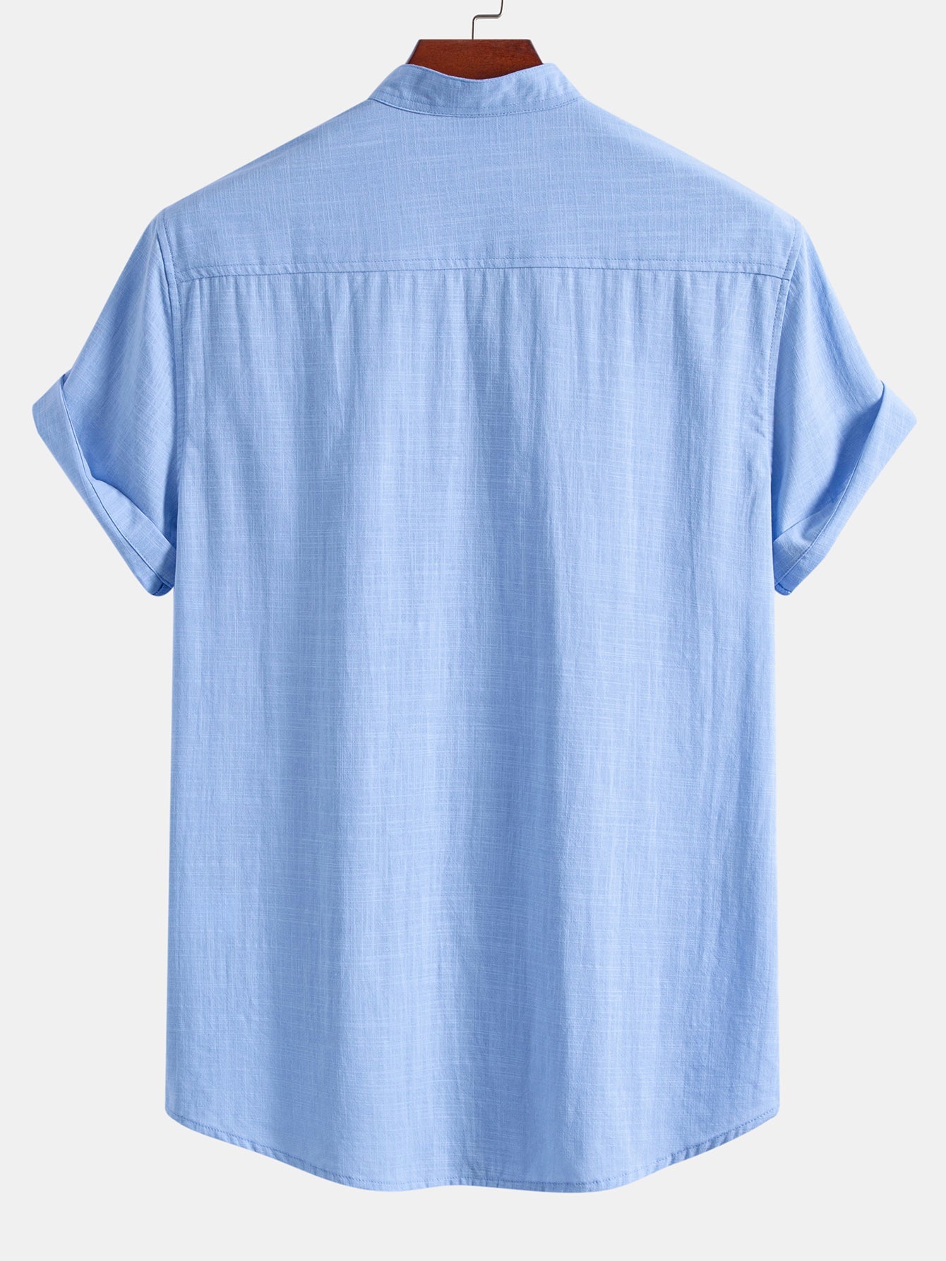 Short Sleeve Linen Look Stand Collar Shirt & Crinkle Textured Drawstring 5" Shorts