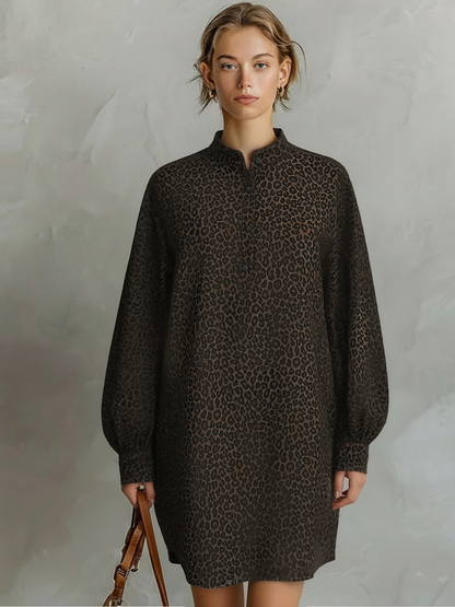 Brown Leopard Print Loose Open Neckline Long Sleeve Dress