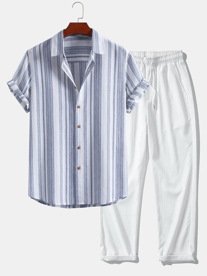 Stripe Linen Look Button Up Shirt & Crinkle Textured Straight Leg Pants