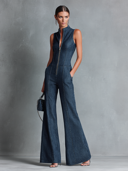 Women’s Retro Denim Flared Jumpsuit